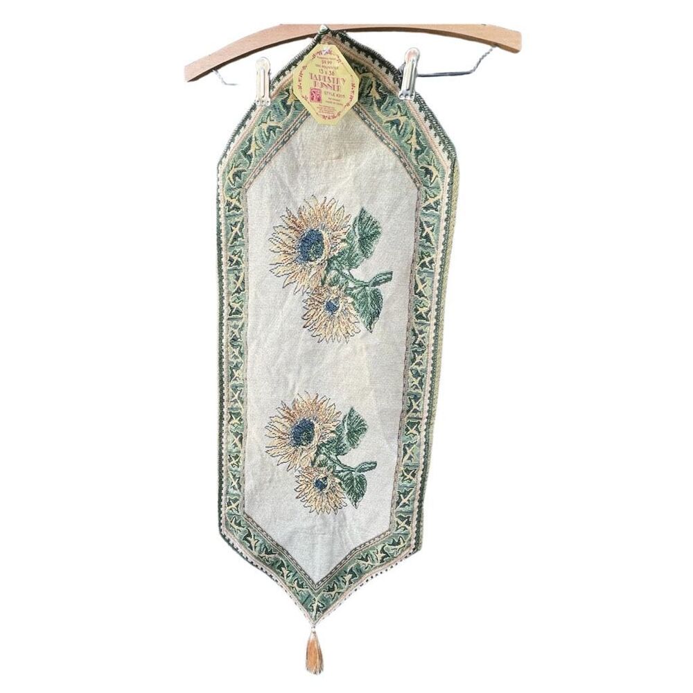 Vintage NWT sunflower short table runner tassels brocade 13” x 36”.